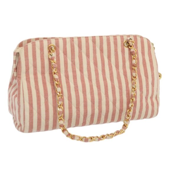 CHANEL Matelasse Chain Shoulder Bag Canvas White Red CC Auth 69059SAV - Picture 1 of 16